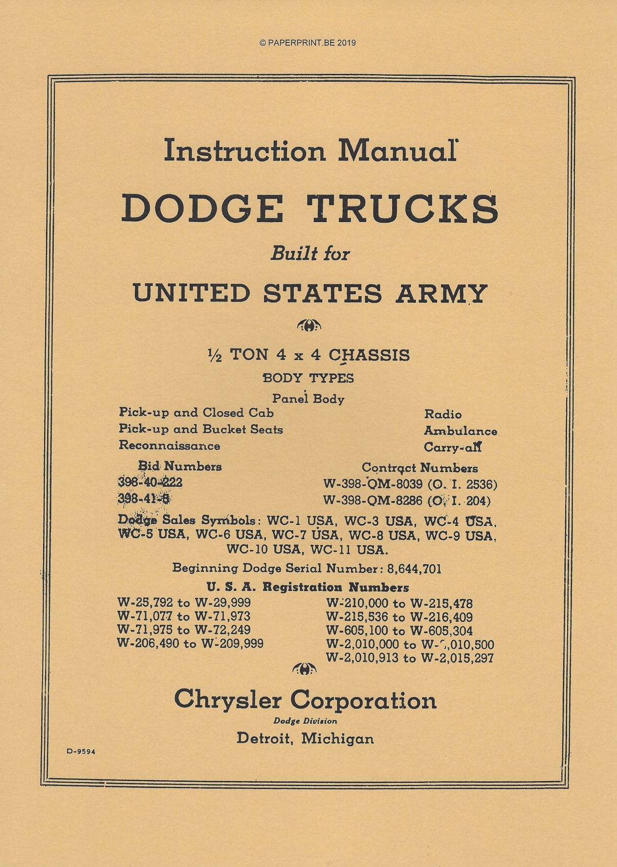 DODGE ½ TON 4x4 1940 INSTRUCTION MANUAL